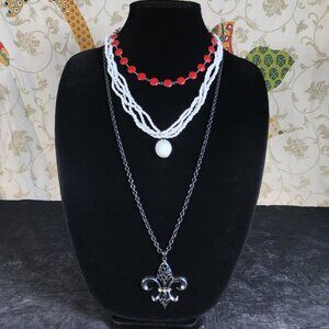 3 Pc Necklace Lot White Shell Red Dot Black Fleur de Lis Rhinestone Glass Beads